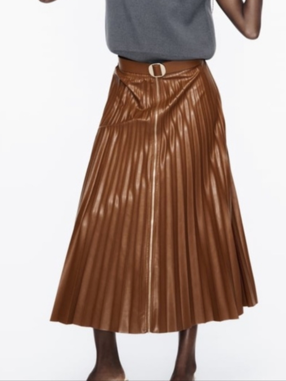 BLOGGER'S FAVE! Zara Belted Faux Leather Pleated Midi Skirt Size SMALL